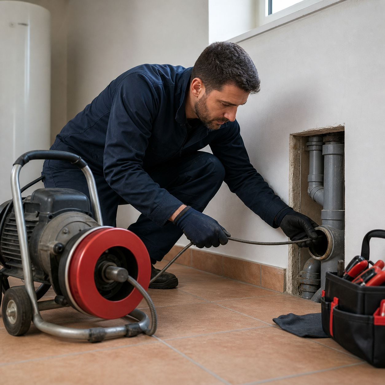 Técnico a desentupir canalizações com equipamento profissional