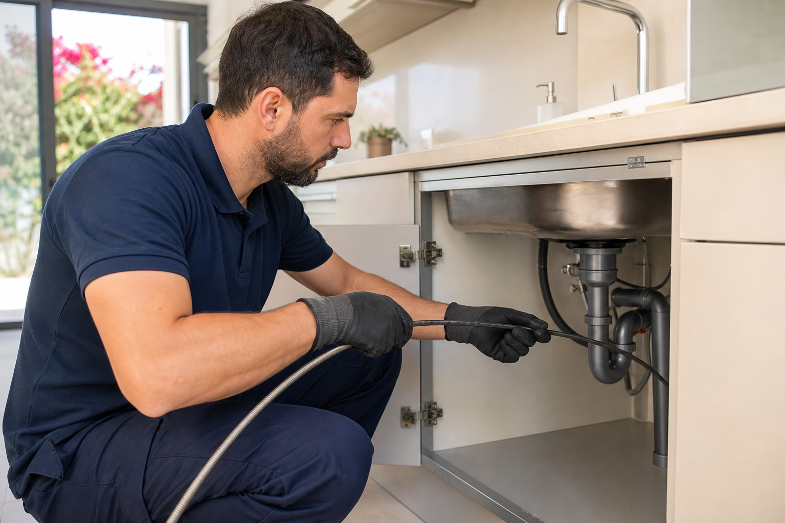 Técnico a desentupir canalização de cozinha e lava-louças