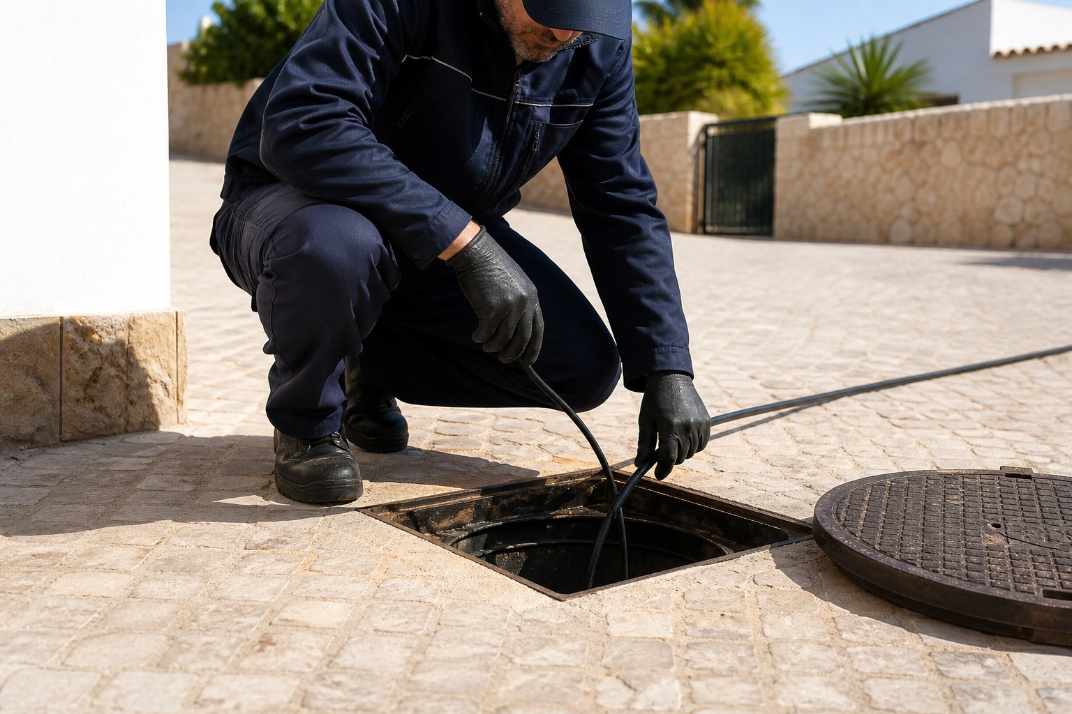 Técnico a inspecionar caixa de esgoto e drenagem no Algarve